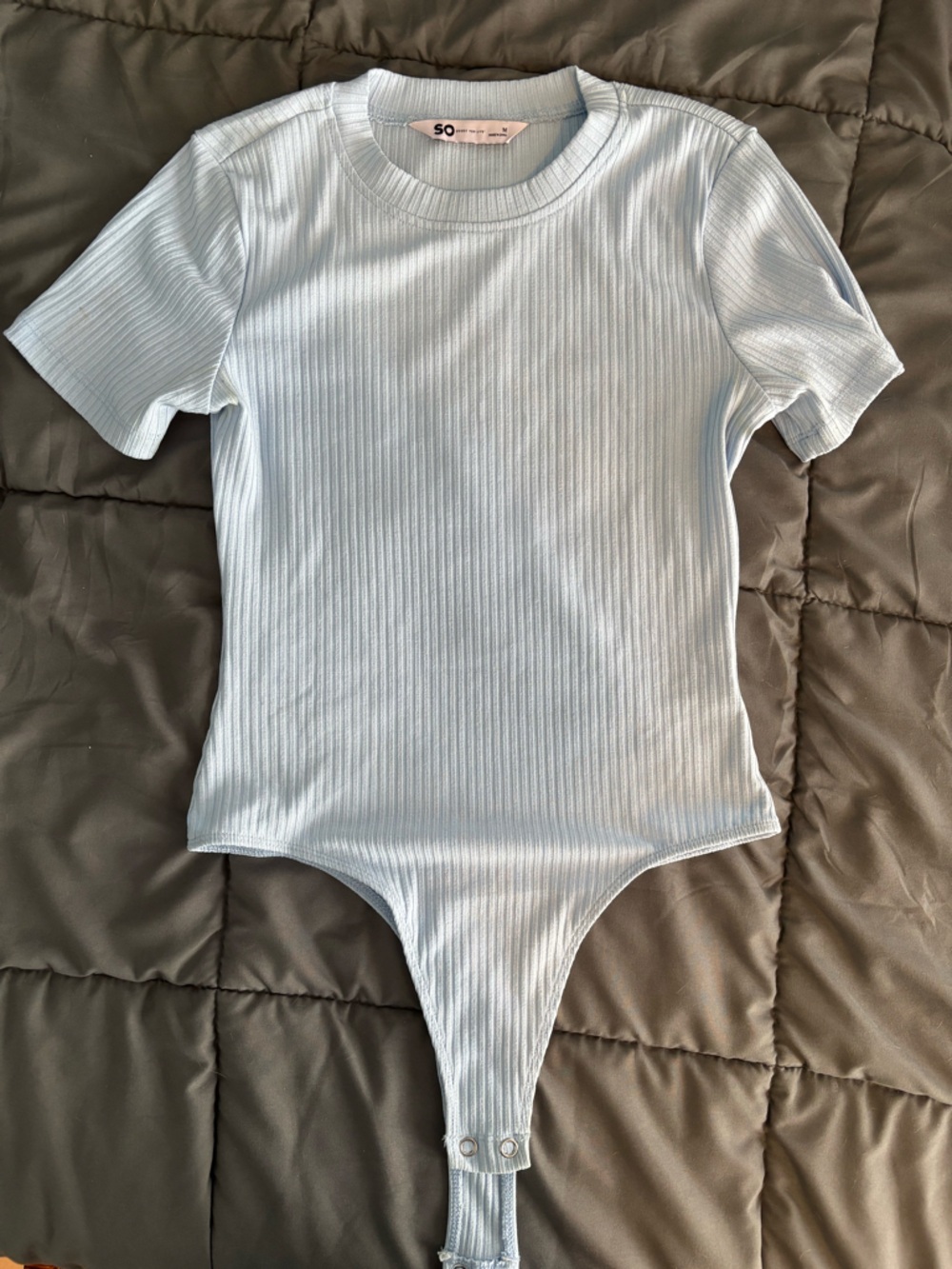SO Pale Blue Ribbed Short-Sleeve Snap Bodysuit Crop Top